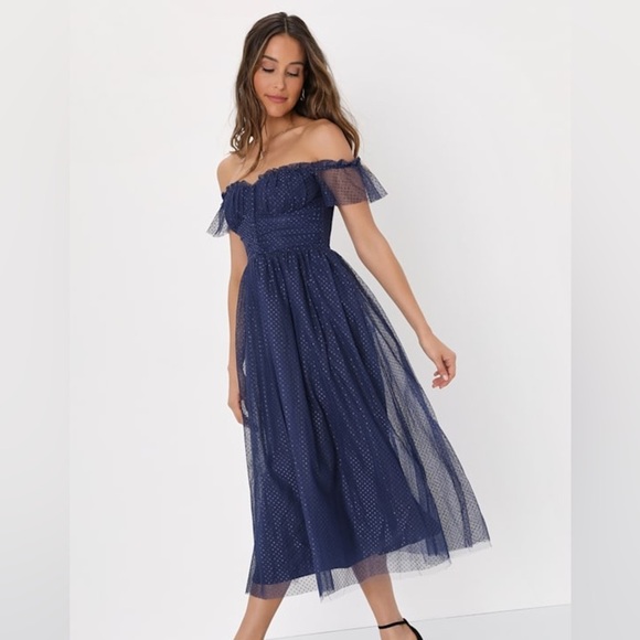 NWT Lulus Regal Radiance Navy Blue Tulle Bustier Midi Dress Latge - Picture 2 of 7